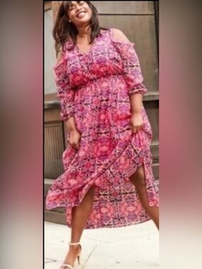 Lane Bryant Pink Multi Floral Cold Shoulder Bohemian Chiffon Maxi Dress Size 16P
